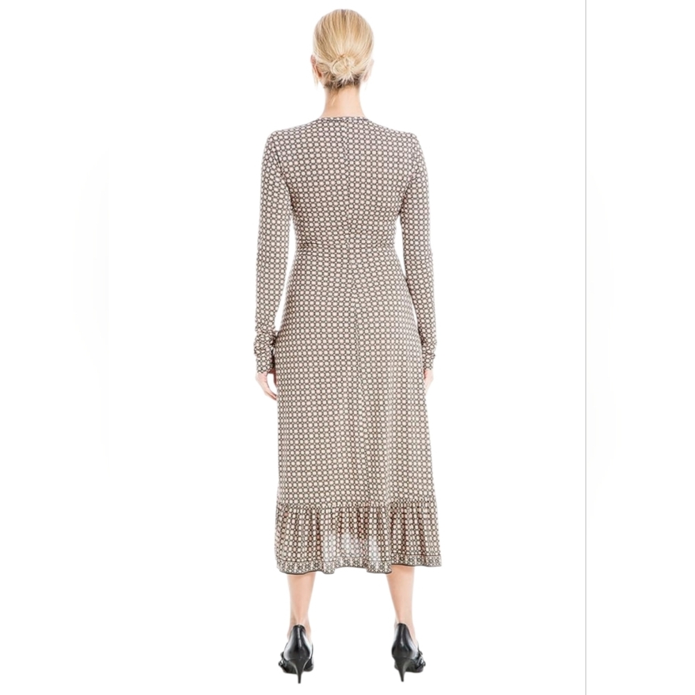 Max Studio Black Beige Graphic Floral Faux Wrap Tiered Long Sleeve Dress size L - Picture 4 of 12